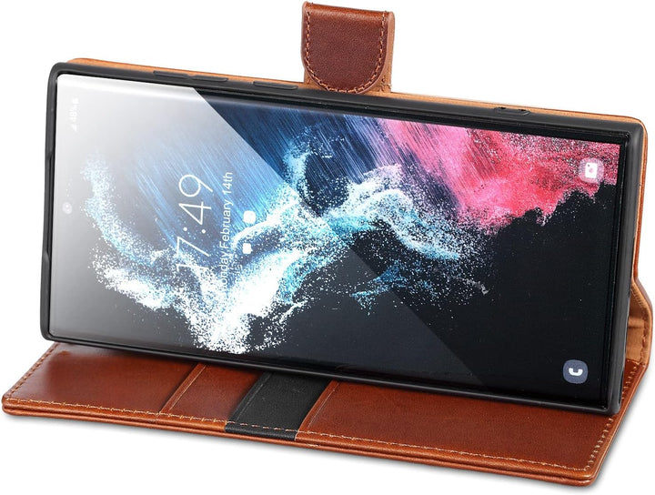 LENSUN Echtleder Hülle für Samsung Galaxy S22 Ultra, Handyhülle [Echtes Leder][Kartenfach][RFID Schu
