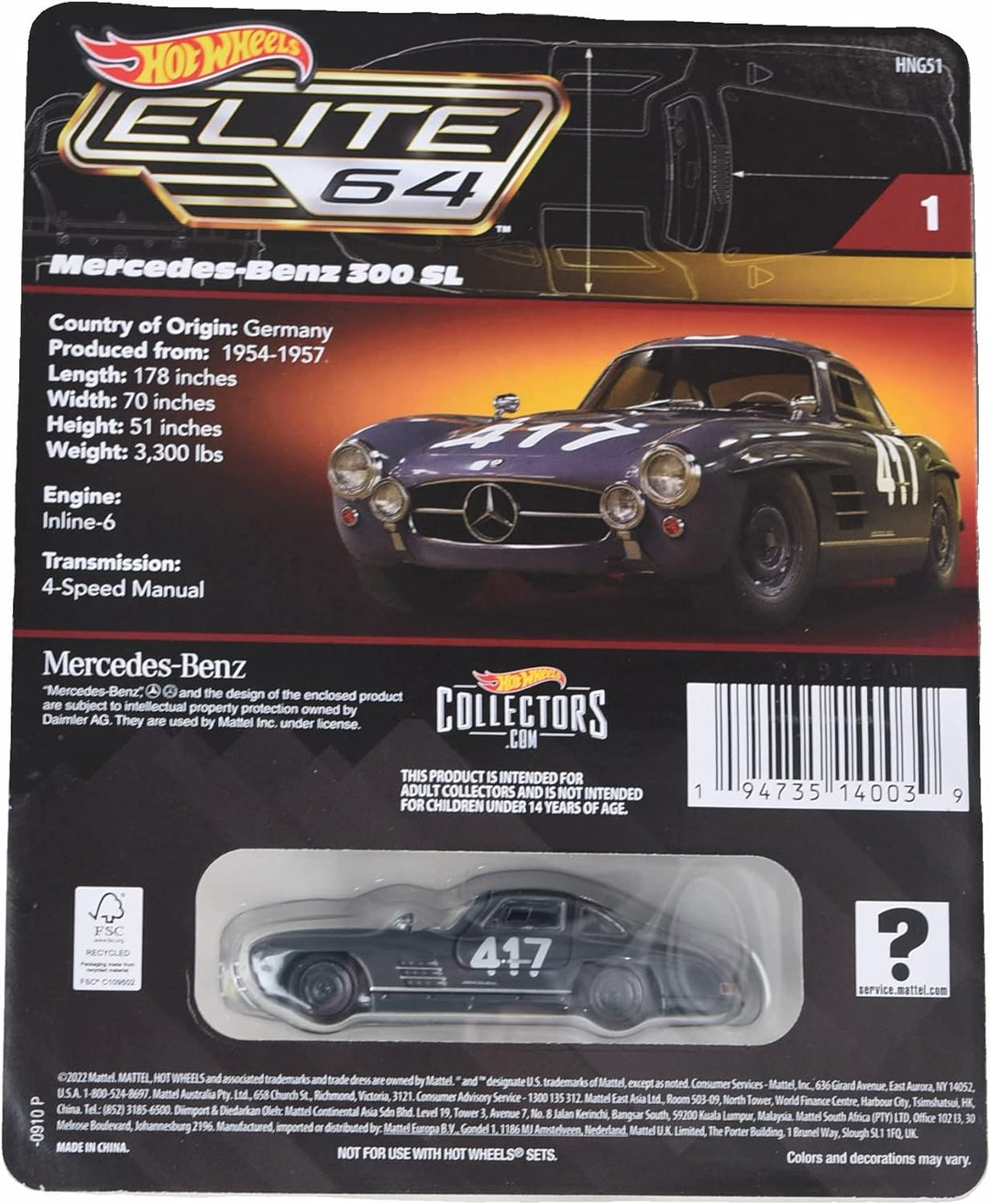 Hot Wheels Mercedes Benz 300 SL, Elite 64