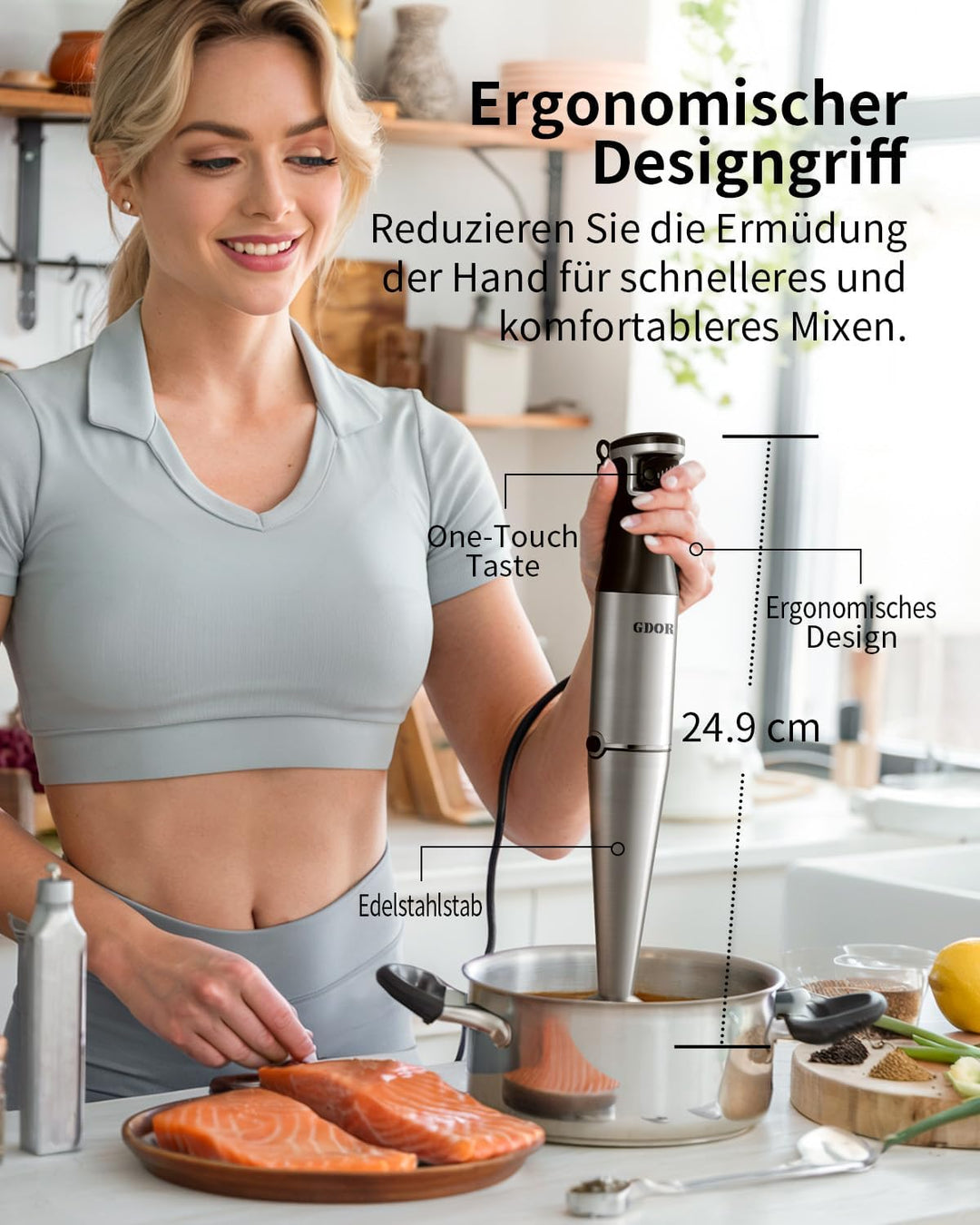 GDOR 1100W Pürierstab, 5 In 1 Stabmixer Edelstahl, Stufenlos Geschwindigkeitseinstellung Hand Blende