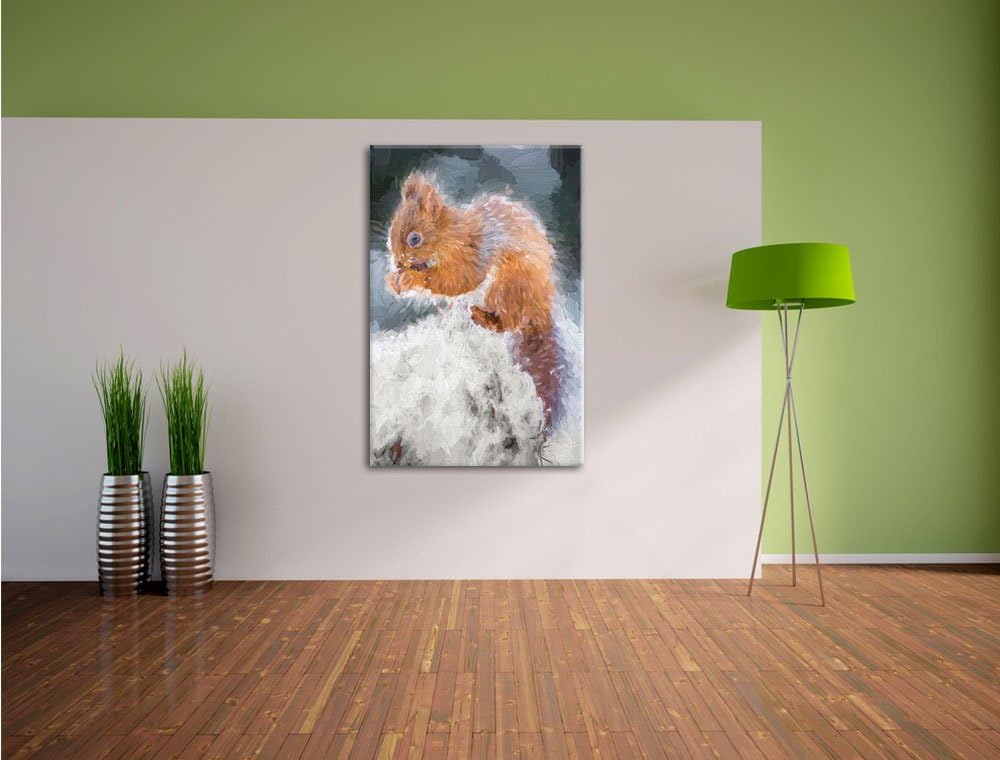 Pixxprint Kleines Eichhörnchen im Winter Pinsel Effekt, Format: 100x70 auf Leinwand, XXL riesige Bil