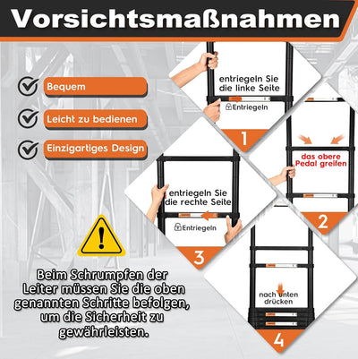 HBTower Teleskopleiter 3,8m mit rutschfesten Füssen, Leichte Ausziehleiter, Leiter Ausziehbar, klapp