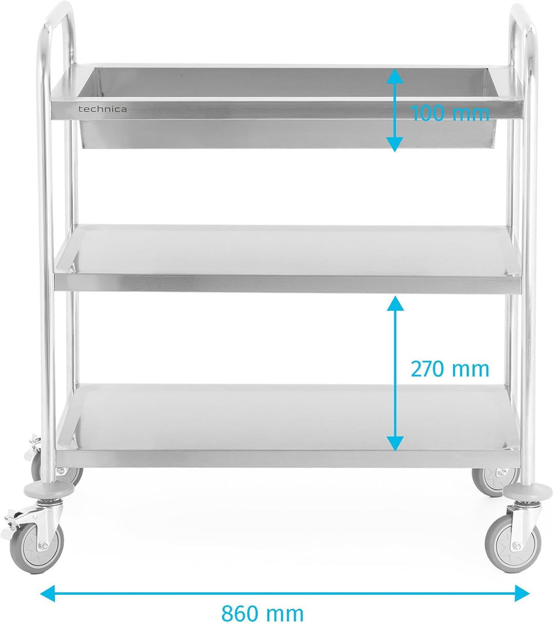 TECHNICA Servierwagen Edelstahl 3 Etagen mit Rollen & Bremse Rundgriff - Tiefe Regale 860x540x940mm