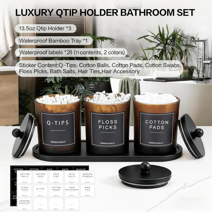 Glas Wattestäbchen Behälter, Schminktisch Badezimmer Organizer Set mit Tablett, Wattepadspender Make
