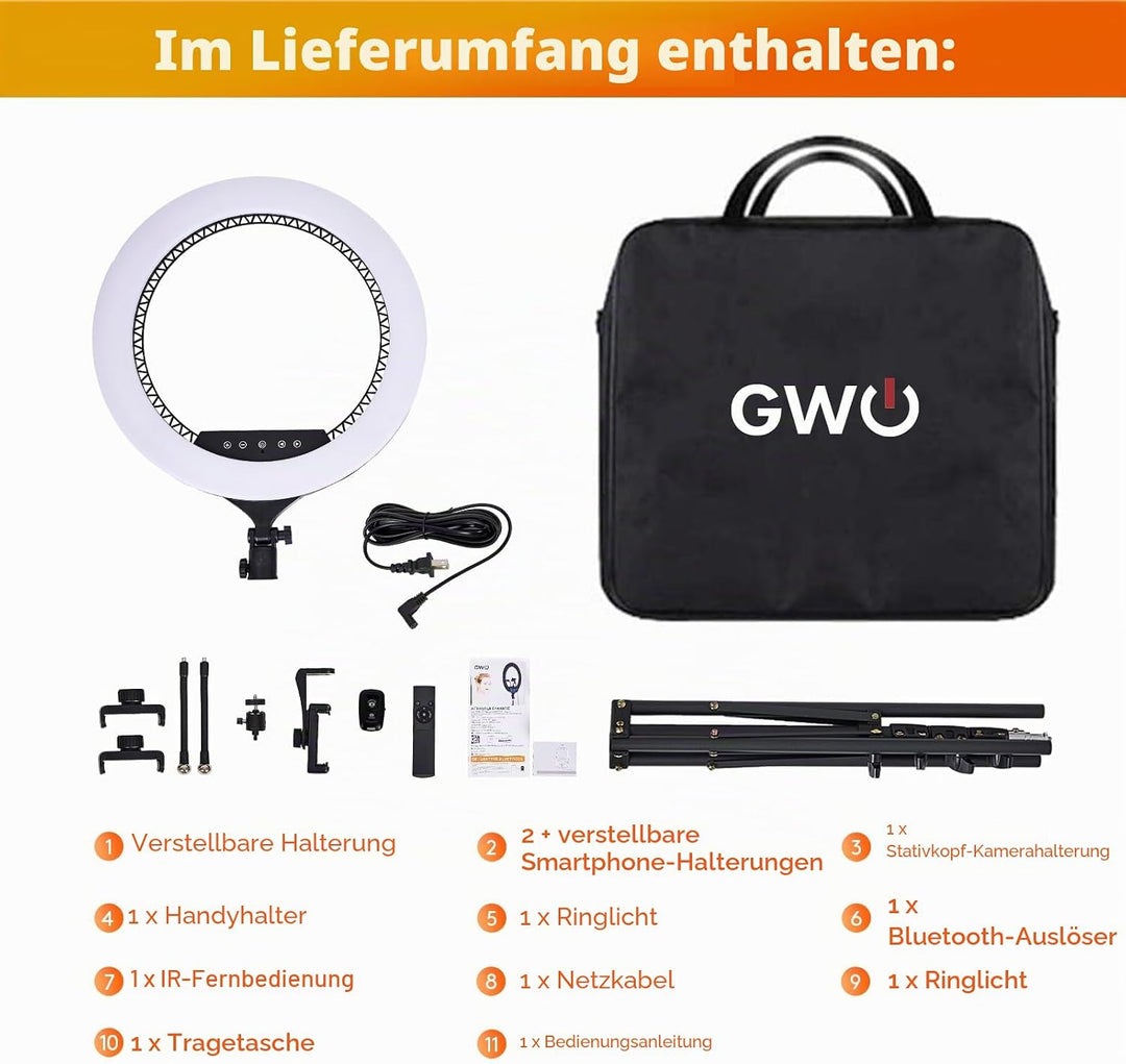 GWO 45,7 cm LED-Ringlicht mit Stativständer, 6000 K, dimmbar, Make-up-Selfie-Licht mit Touch-Panel-T