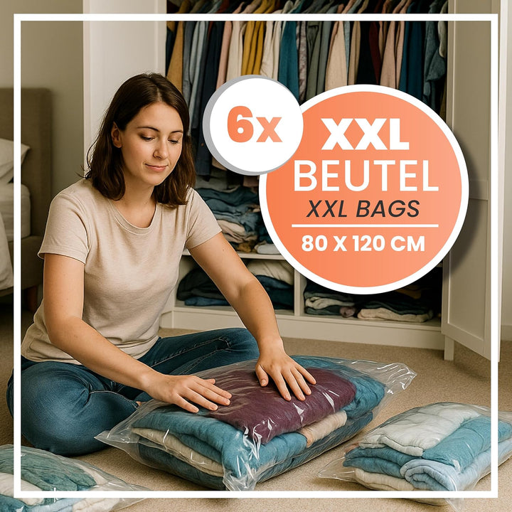 Vakuumbeutel – 6er Set extra gross für Bettdecken, Kopfkissen & Kleidung, platzsparende Aufbewahrung