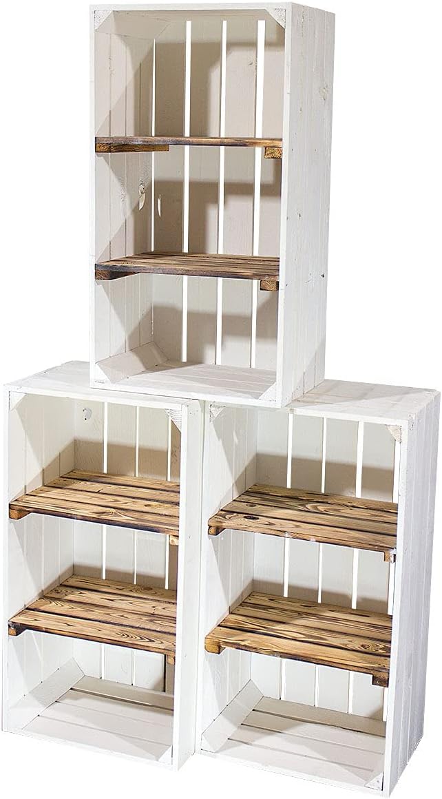 Weisse Holzkiste mit 2 geflammten Mittelbrettern 68cm x 40cm x 31cm Zwischenbretter flambiert Obstki