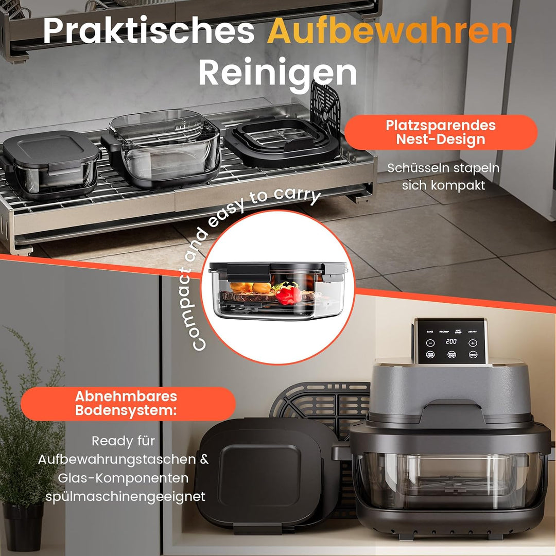 GTPLAYER Airfryer, Multifunktionale Heissluftfritteuse 4 Liter mit mit Easy-View-Fenster, Glasbehält