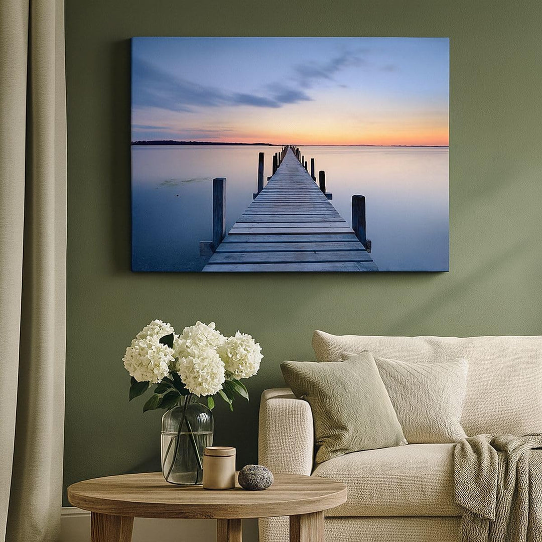 Bilder auf Leinwand 100x70cm Leinwandbild Sonnenuntergang See Wasser Brücke Gross Wanddeko Bild Schl