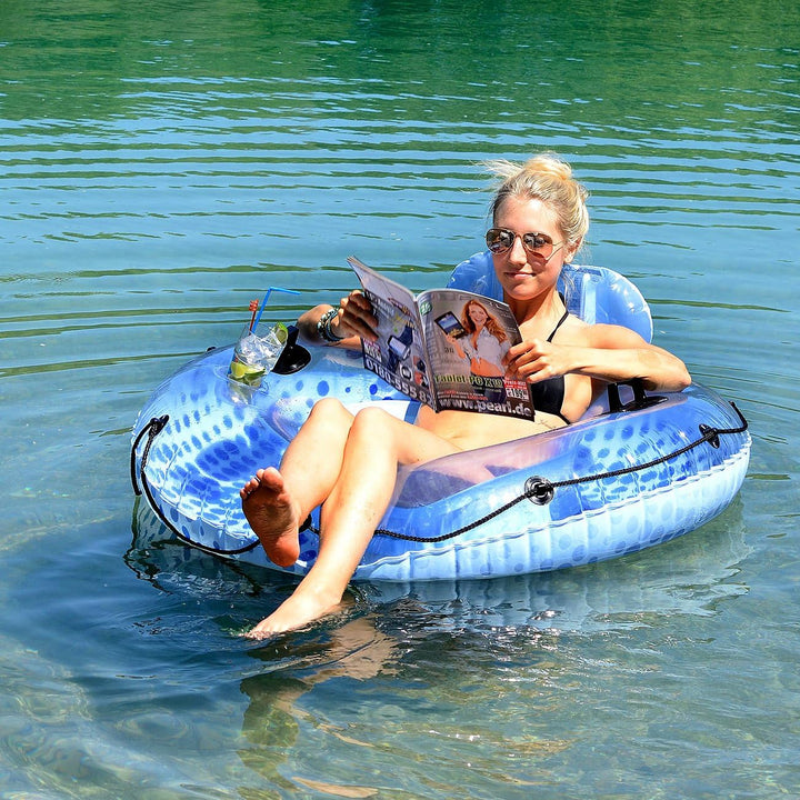 infactory Schwimmsessel: Aufblasbarer Schwimmring mit Rückenlehne und Getränkehalter (Schwimmreifen,