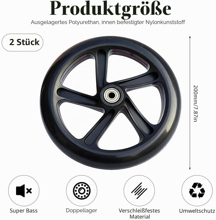 2 Stück 200mm Scooter Rollen, Ersatzräder mit ABEC-9 Lager, Anti-Rutsch Roller Räder, Ersatzreifen S
