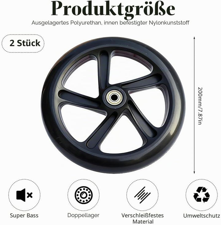 2 Stück 200mm Scooter Rollen, Ersatzräder mit ABEC-9 Lager, Anti-Rutsch Roller Räder, Ersatzreifen S