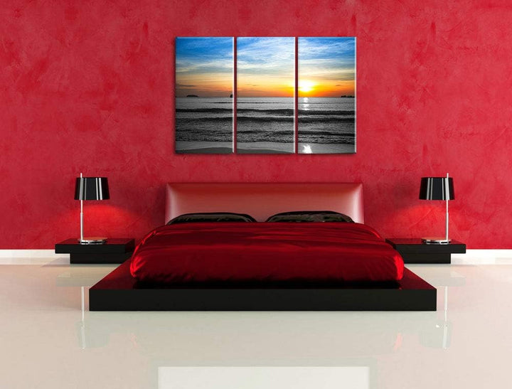 Malibu Beach Sunrise Water Sand schwarz/weiss 3-Teiler Leinwandbild 120x80 Bild auf Leinwand, XXL ri