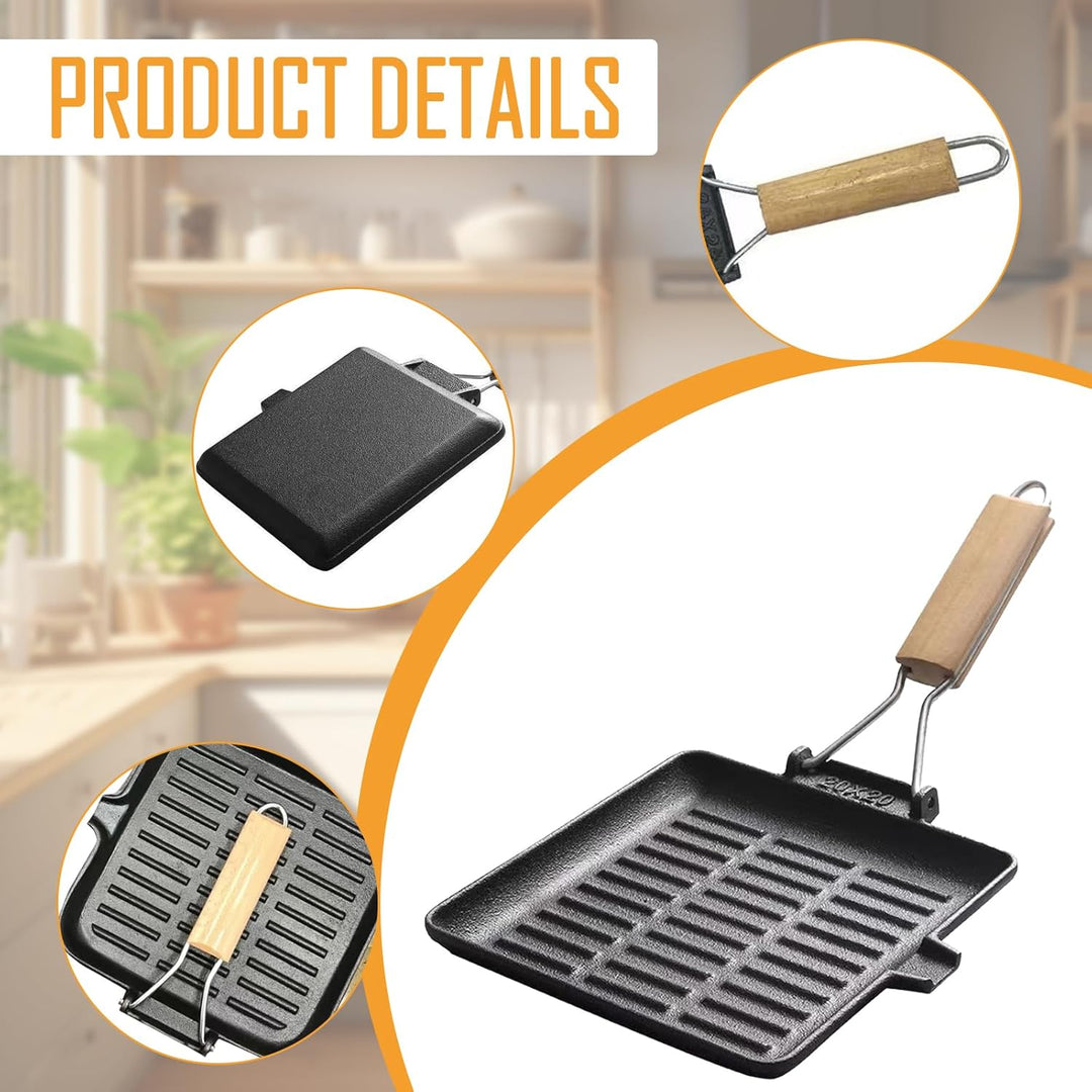 Steakpfanne Gusseisen 20×20 cm Grillpfanne mit Klappbarem Holzgriff Viereckige Grill Pan Induktion F