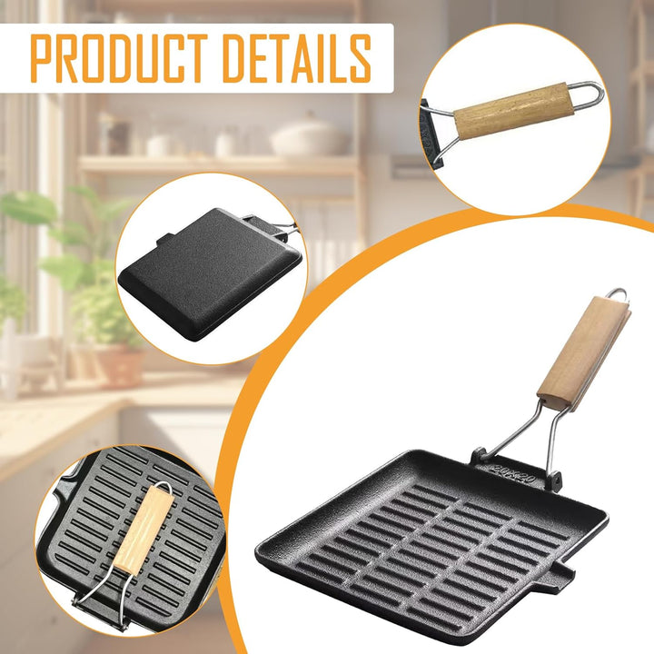 Steakpfanne Gusseisen 20×20 cm Grillpfanne mit Klappbarem Holzgriff Viereckige Grill Pan Induktion F