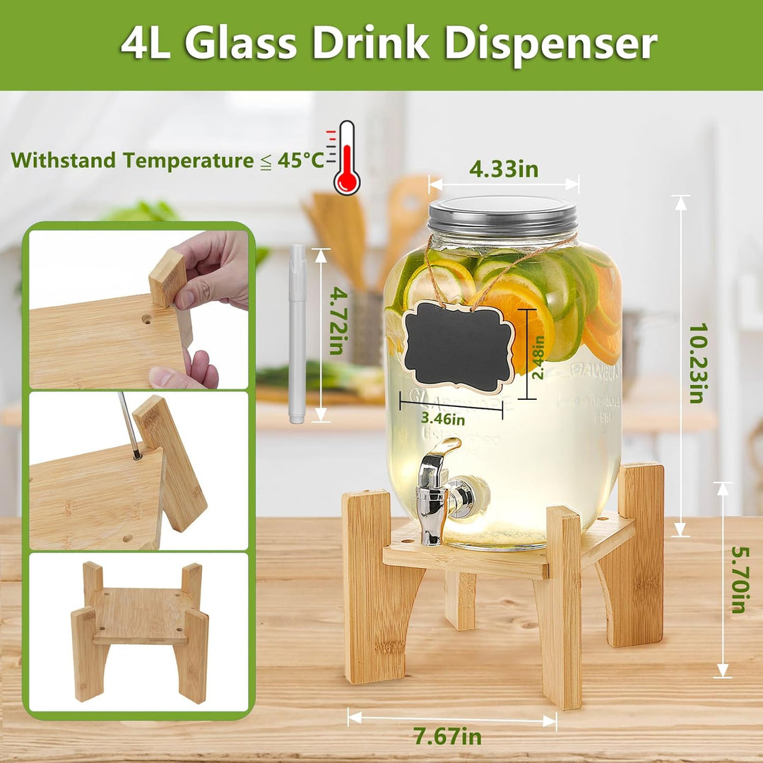 2 x 4L Getränkespender mit Ständer, Getränkespender Glas mit Zapfhahn, Glas-Wasser-Saft-Spender mit