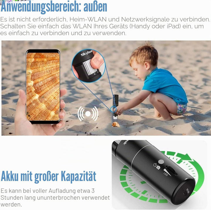 Drahtloses Digitales Mikroskop, Skybasic Digital Mikroskop 50X bis 1000X WiFi Mikroskop Handgehalten