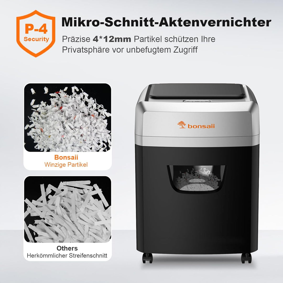 Bonsaii Aktenvernichter mit Automatik-Zuführ für 160 Blätter, P-4 Kreuzschnitt, 60 Min Dauerbetrieb,