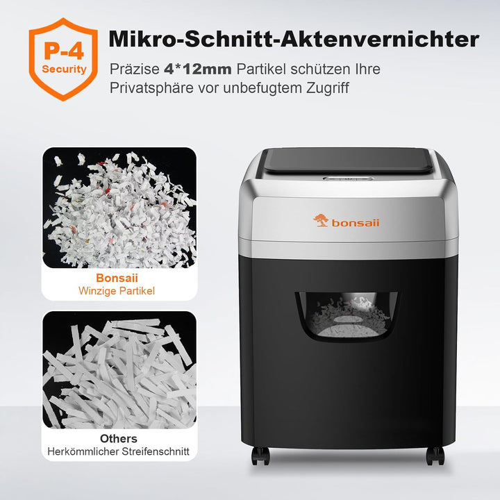 Bonsaii Aktenvernichter mit Automatik-Zuführ für 160 Blätter, P-4 Kreuzschnitt, 60 Min Dauerbetrieb,