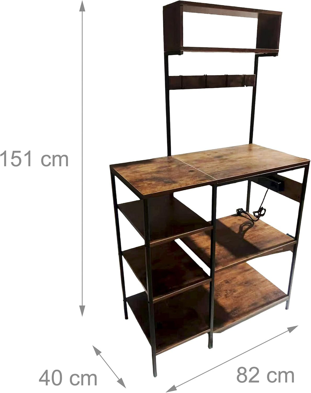 Relaxdays Küchenregal mit Steckdose & USB, HBT: 151x82x40 cm, Mikrowellen-Regal, Holzoptik, offen, M