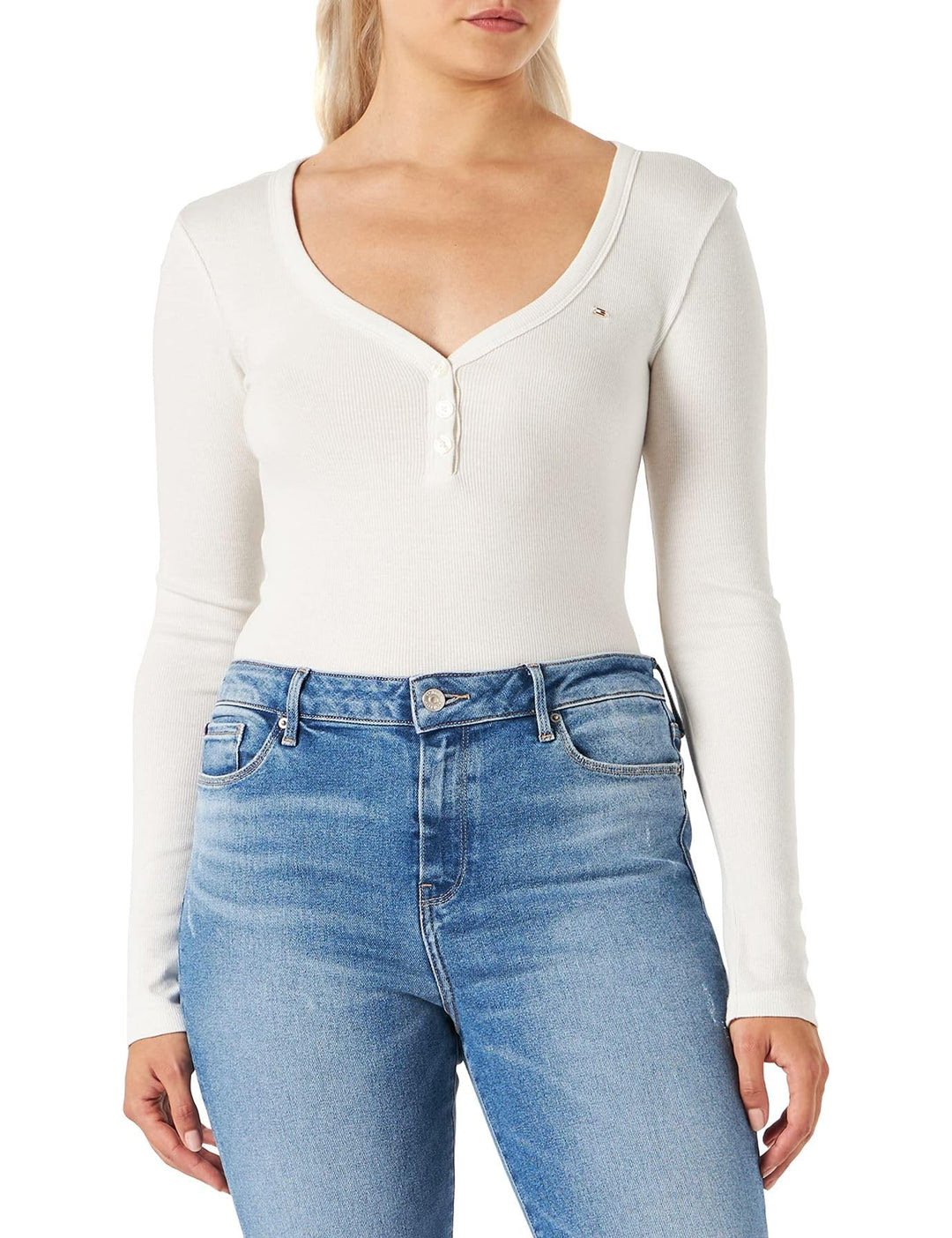 Tommy Hilfiger Damen Slim Modal Rib Henley Long SLV Andere Strickoberteile 3XL Ecru, 3XL Ecru