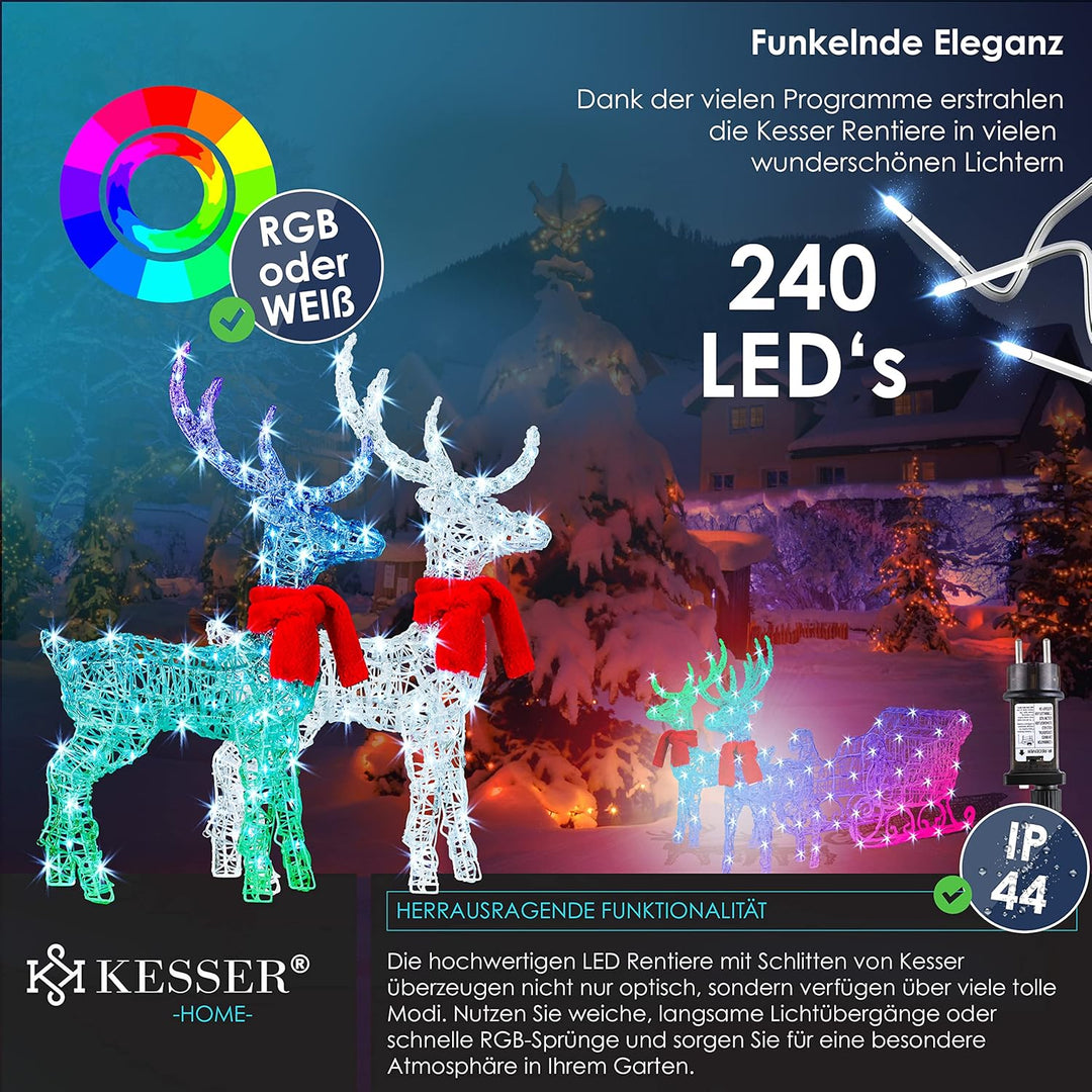 KESSER® 240er LED Rentiere mit Schlitten Mit Fernbedienung 30 Funktion, weiss/Bunt, Inkl. 2X Dekosch