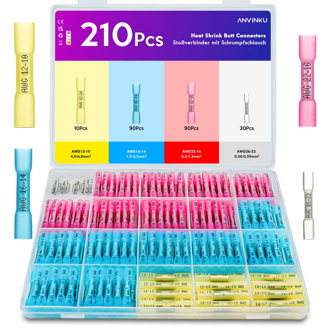 Stossverbinder, ANVINKU 210 Stück Quetschverbinder mit Schrumpfschlauch Set, 10-26 AWG Kabelverbinde