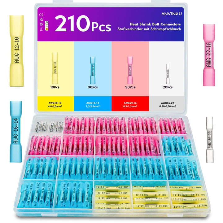 Stossverbinder, ANVINKU 210 Stück Quetschverbinder mit Schrumpfschlauch Set, 10-26 AWG Kabelverbinde