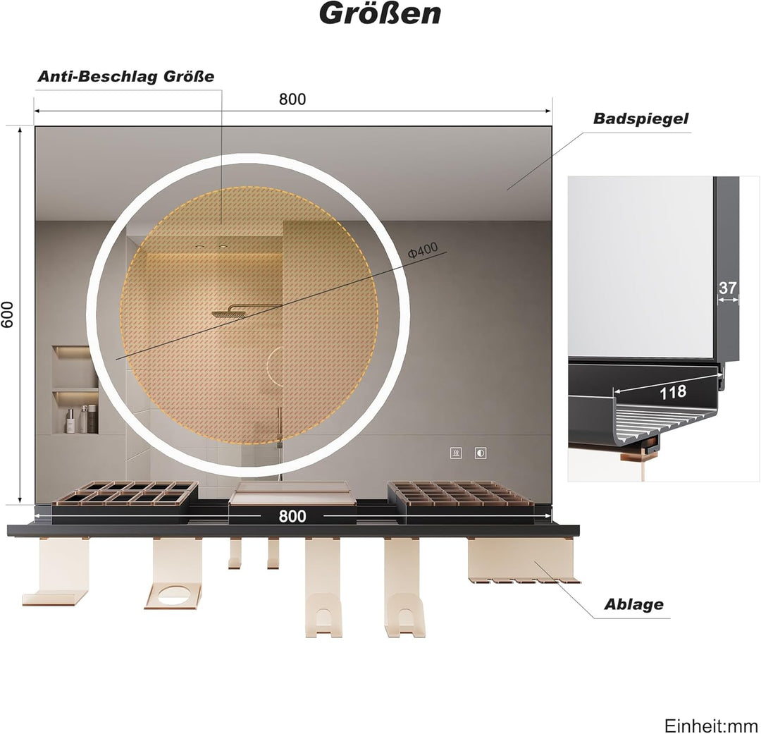 SONNI LED Badspiegel 80x60cm mit 80cm Ablage, Touch Badezimmerspiegel 3 Lichtfarben, Anti-Beschlag &