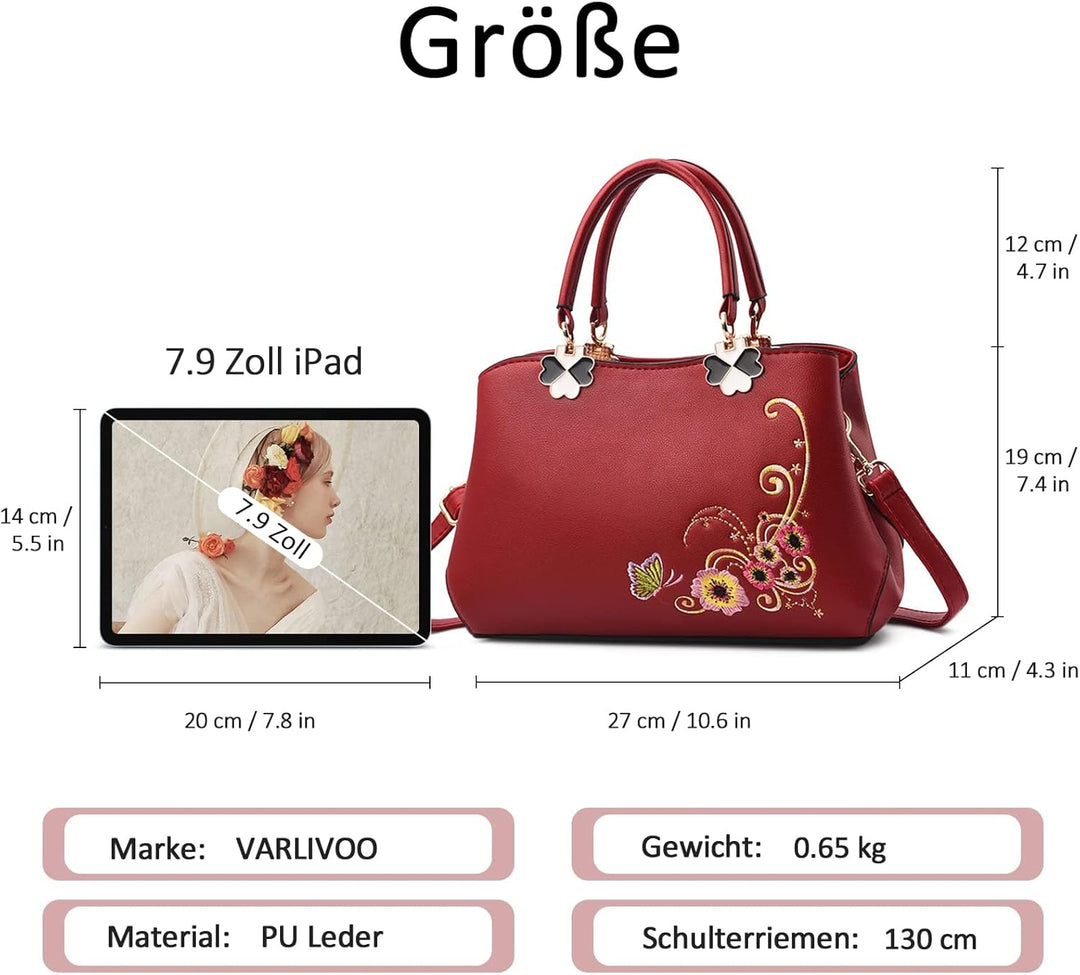 VARLIVOO Elegant Damen Handtaschen Stickerei Schultertaschen Frauen Umhängetasche Taschen Reisen Sho
