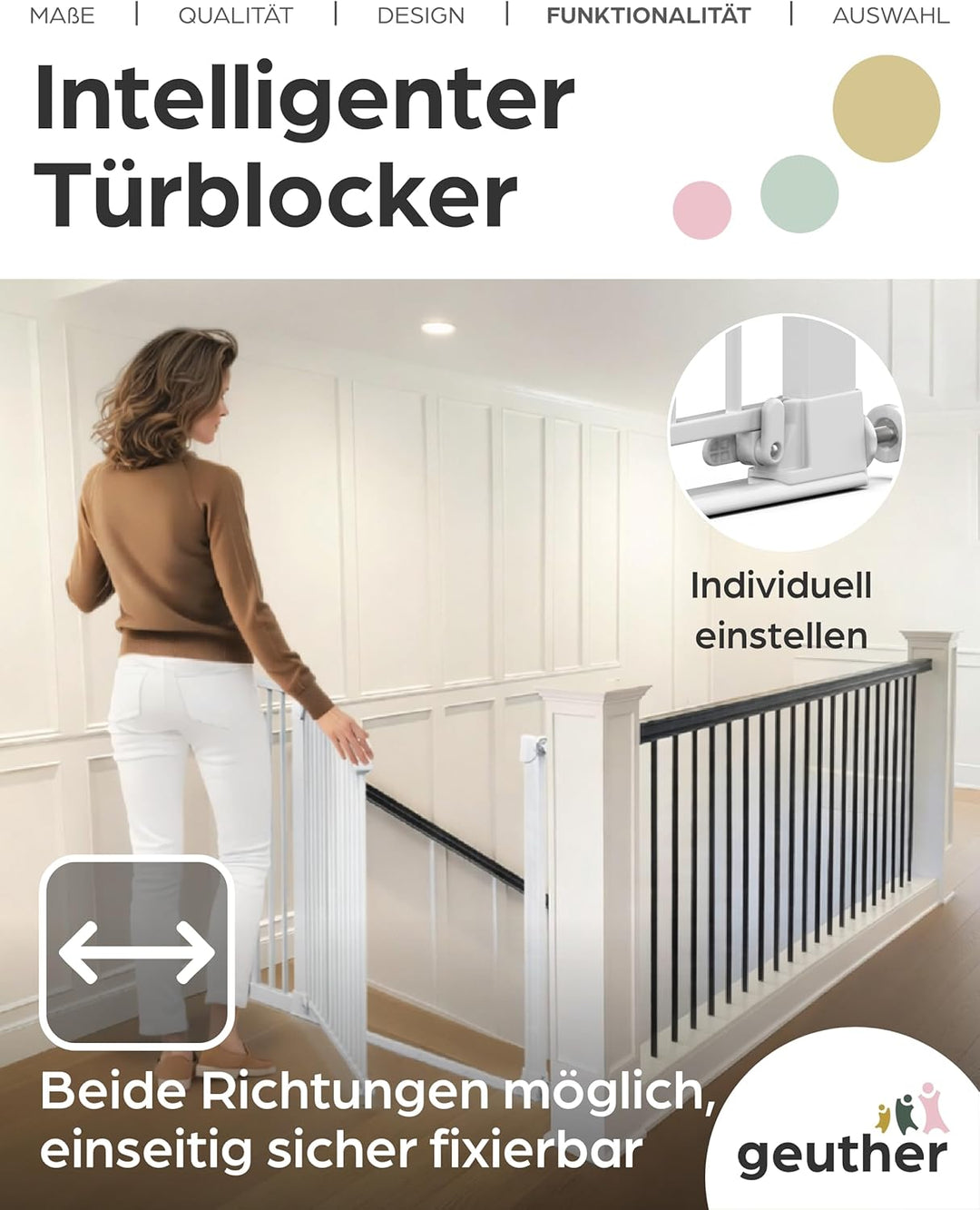 Geuther Türschutzgitter Easylock Flatstep Weiss I Treppenschutzgitter zum Klemmen oder Bohren I Brei