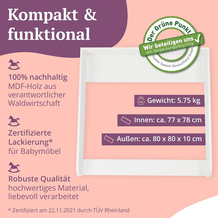 Puckdaddy – Wickelaufsatz Lasse kompatibel mit Hemnes Kommode u.Ä. – 80x80x10 cm aus Holz in Weiss –