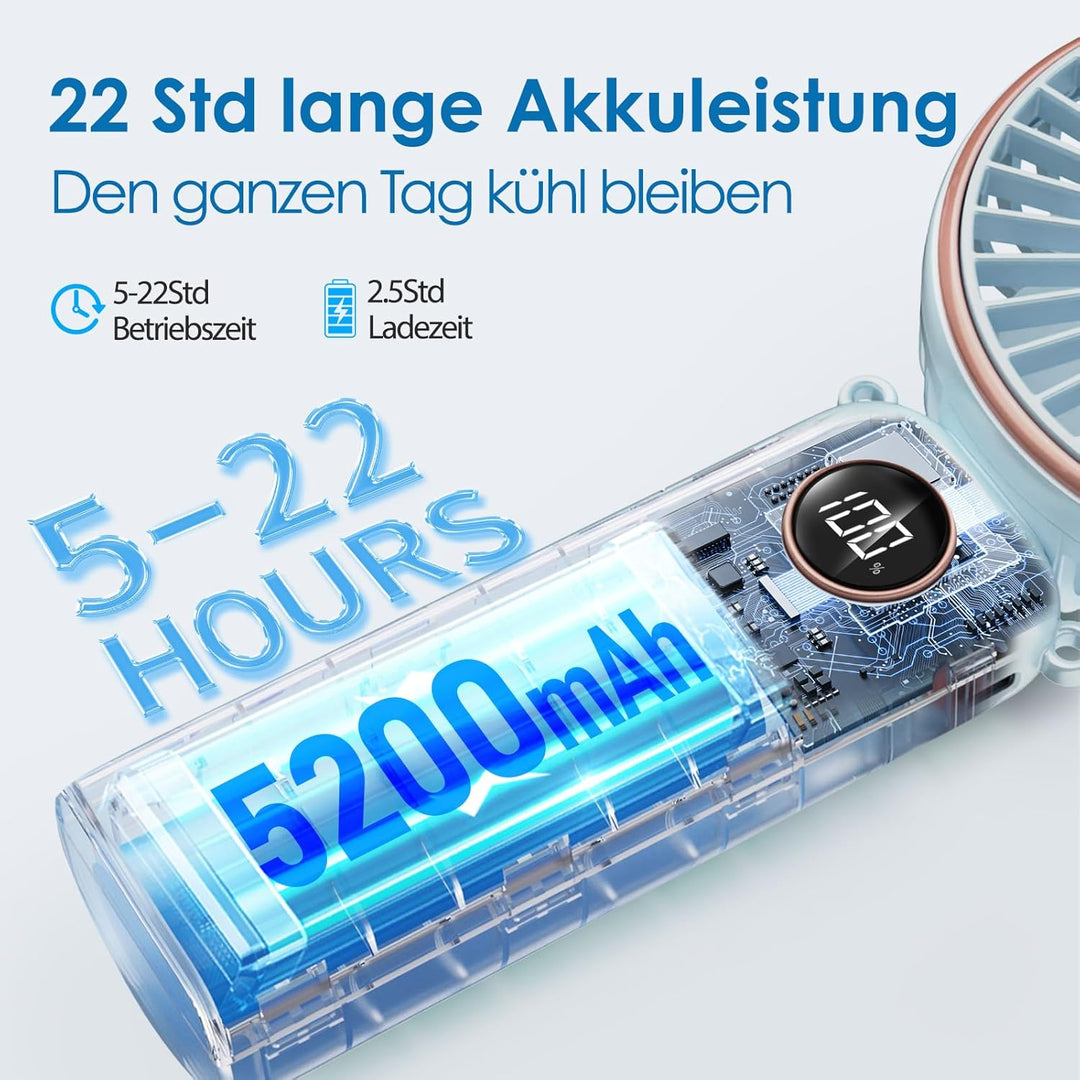 BEYYON Tragbarer Handventilator, 3-in-1 USB Ventilator Hand, leiser Mini Ventilator mit LED-Display,