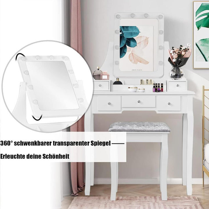 GOPLUS Schminktisch mit Spiegel und 10 LED-Birne, Kosmetiktisch mit 5 Schubladen und Organisator, Fr