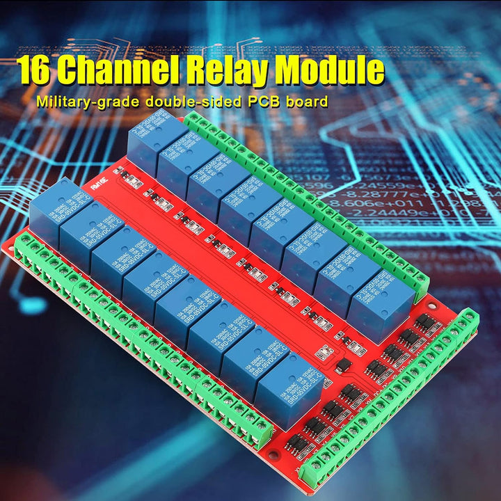Relaisplatine, 16-Kanal-Relaismodul Schnittstellenplatine High Low Level Trigger DC 5/12/24V Schnitt