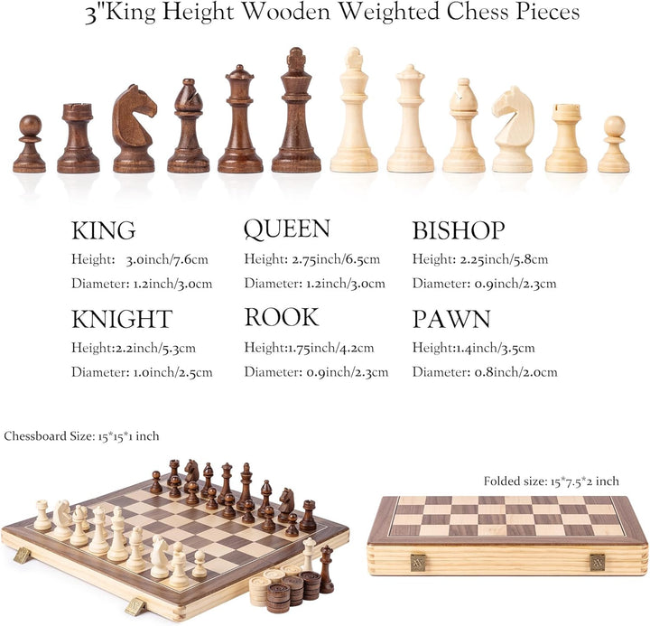 A&A 15 inch Wooden Folding Chess & Checkers Set w/ 3 inch King Height Staunton Chess Pieces / 2 Extr