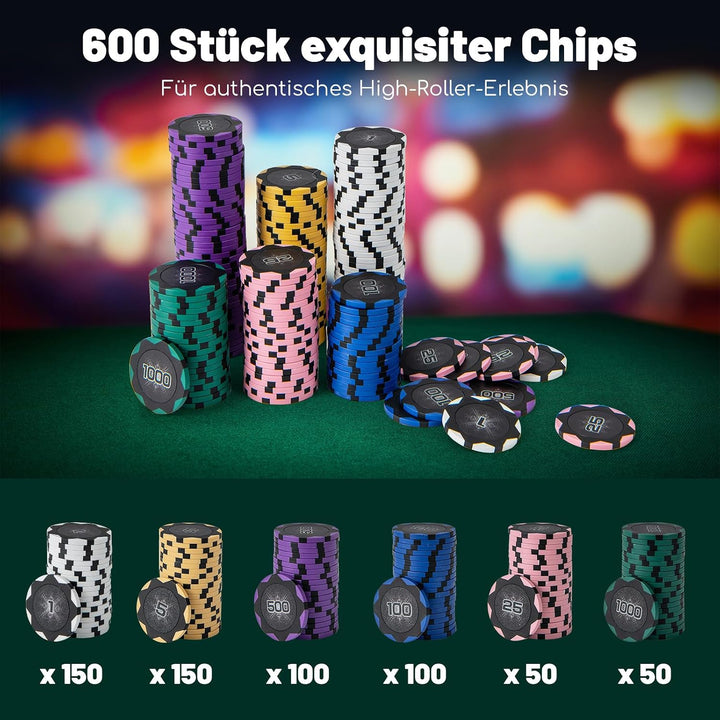 COSTWAY Pokerset 600 Chips, Pokerkoffer mit 6 Kartendeck, 5 Würfel, Dealer Button, Matte, Kartenmisc