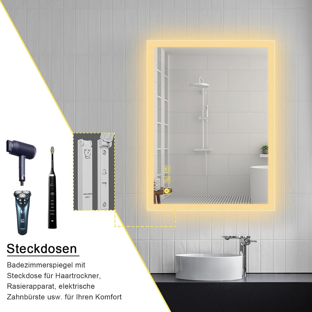 AI-LIGHTING Badspiegel mit Beleuchtung 50 × 70 cm Badezimmerspiegel mit Licht und Bluetooth Lautspre