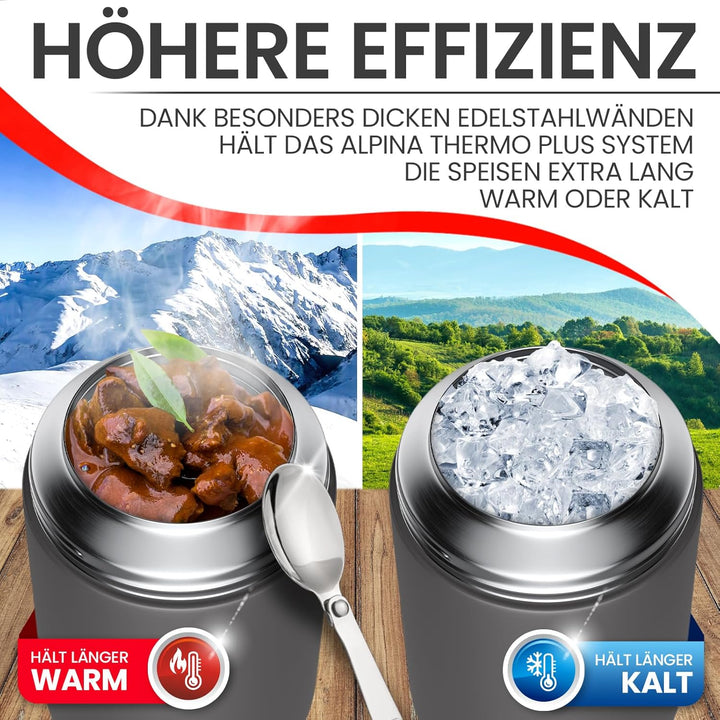 alpina Thermobehälter für Essen - SPÜLMASCHINENFESTER Thermo Becher 530ml mit Druckausgleich und fal