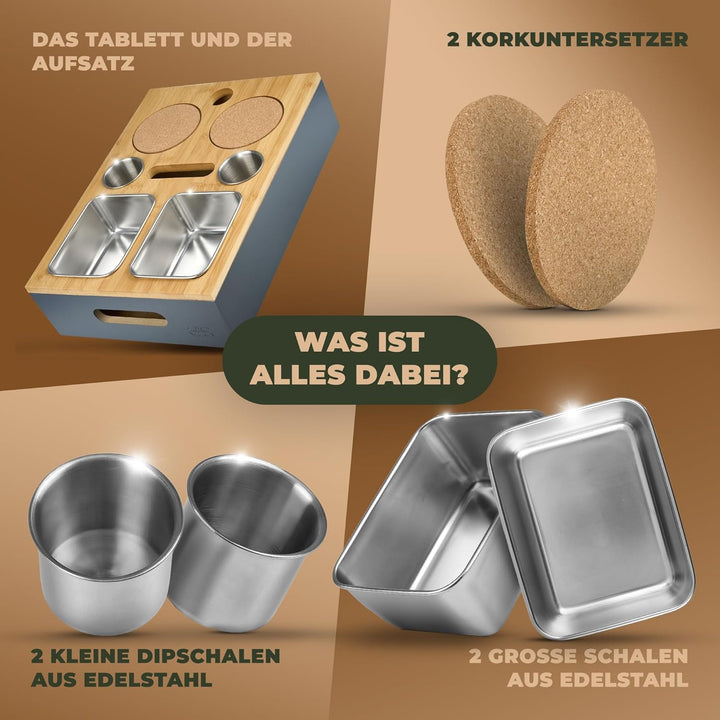Cascalino's® Couchbar Snackbox mit 2+2 Snackschalen aus Edelstahl - Sofatablett aus Holz | Sofa Orga