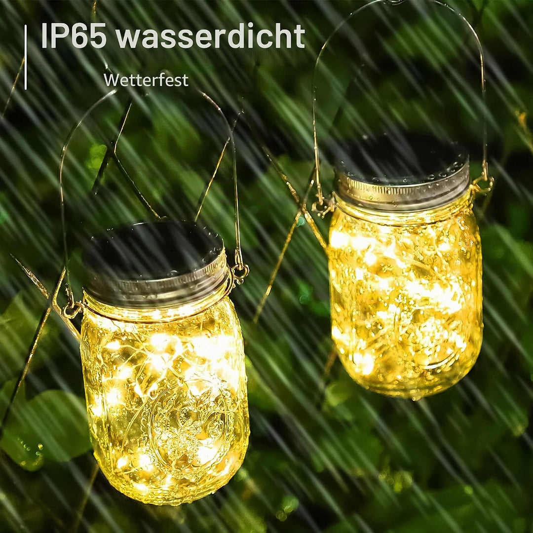 Solarlampe für aussen Garten - 4 Pack 30 LEDs Lichterkette im Einmachglas mit Griff IP65 Wasserdicht