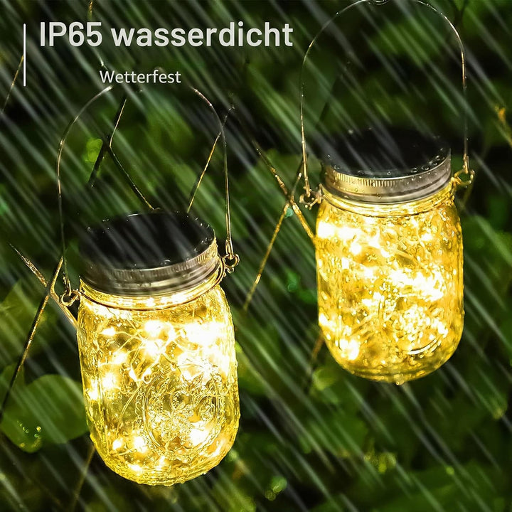 Solarlampe für aussen Garten - 4 Pack 30 LEDs Lichterkette im Einmachglas mit Griff IP65 Wasserdicht