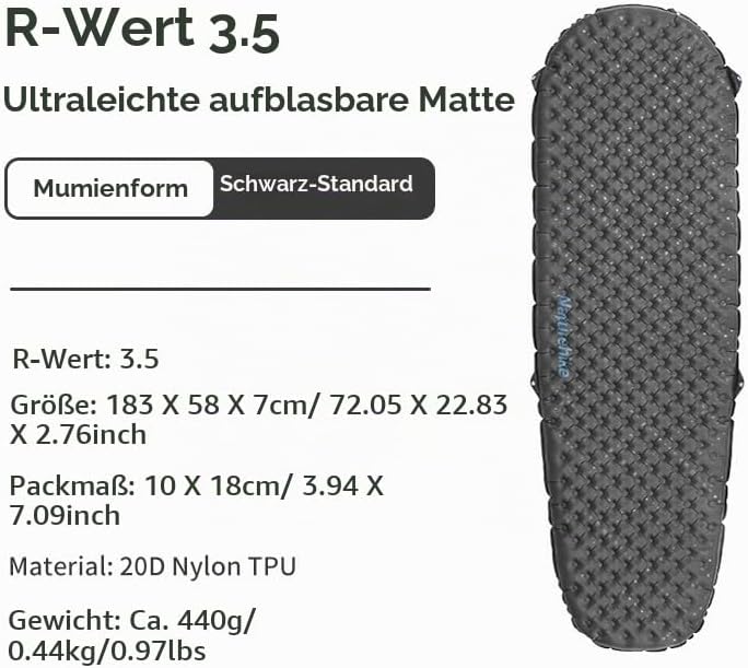 Naturehike Ultraleichte Selbstaufblasende Isomatte, Aufblasbare Campingmatte 3,5R, Langlebige, Tragb