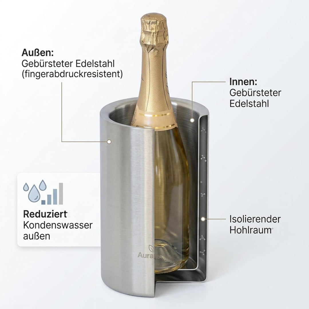 AURANACS® Elsass | Flaschenkühler aus matt gebürstetem Edelstahl | Doppelwandiger Weinkühler mit Iso