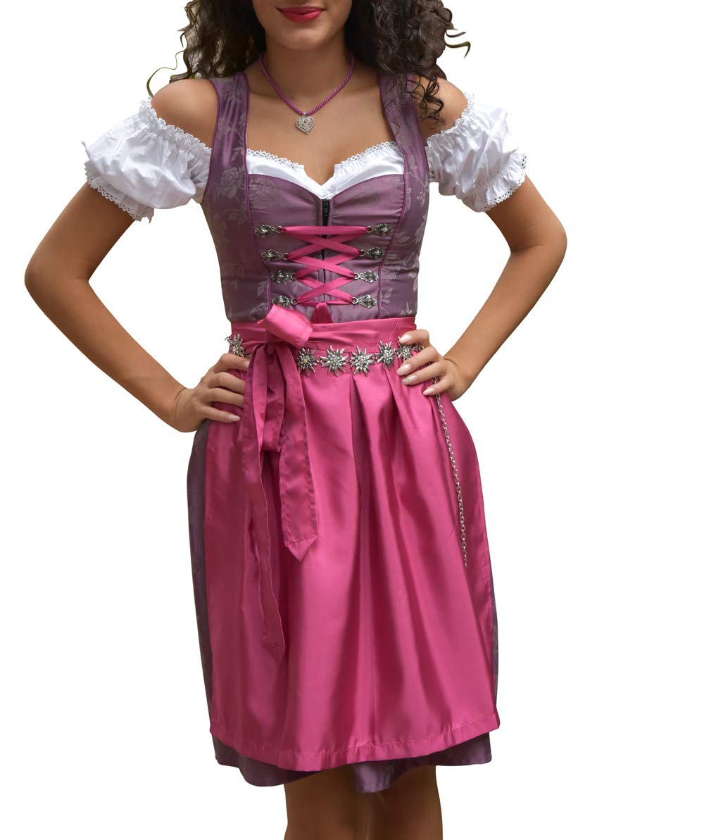 Golden Trachten-Kleid Dirndl Damen 3 TLG, Midi für Oktoberfest, mit Schürze und Bluse 486GT,Lila,38
