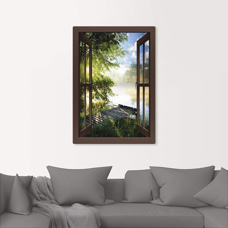 Artland Leinwandbild Wandbild Bild Leinwand 50x70 cm Wanddeko Fensterblick Fenster Landschaft Wald N