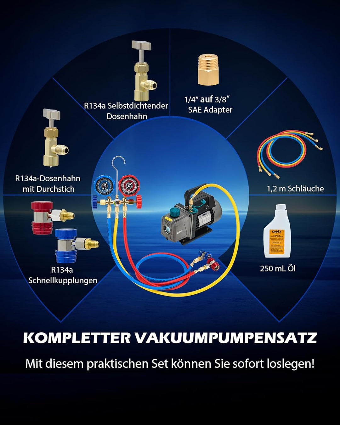 Orion Motor Tech Vakuumpumpe 3.5 CFM 100L/Min 1/4HP Unterdruckpumpe Klimaanlage 3-Wege mit Adapter f
