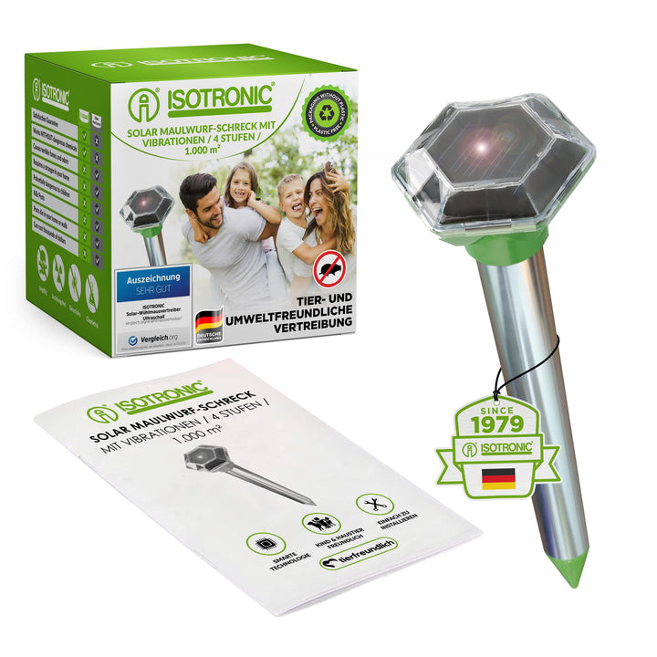 ISOTRONIC Maulwurfabwehr zum Vertreiben von Maulwürfen, Wühlmäusen & Schlangen – Solar Maulwurfschre