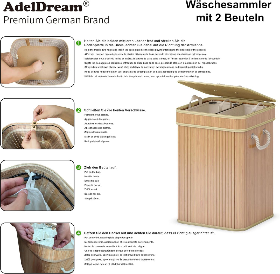 AdelDream Wäschekorb 100L Bambusoptik mit Deckel & Griffen, 2-Fach Wäschesammler Faltbar, Wäschebox