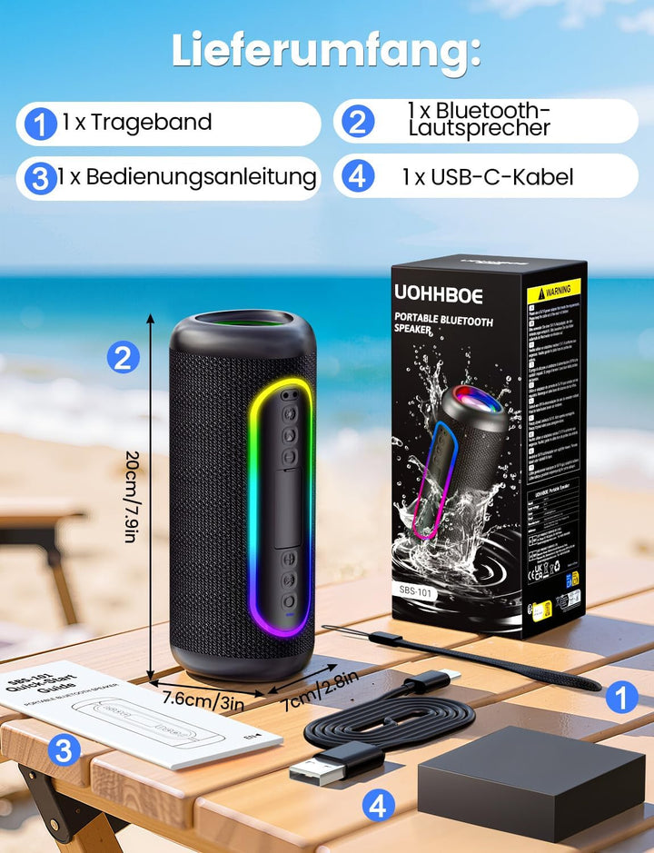 Bluetooth Lautsprecher 30W Dual-Lautsprecher Kräftiger Bass Bluetooth 5.4 IPX5 Wasserdicht 30 Stunde