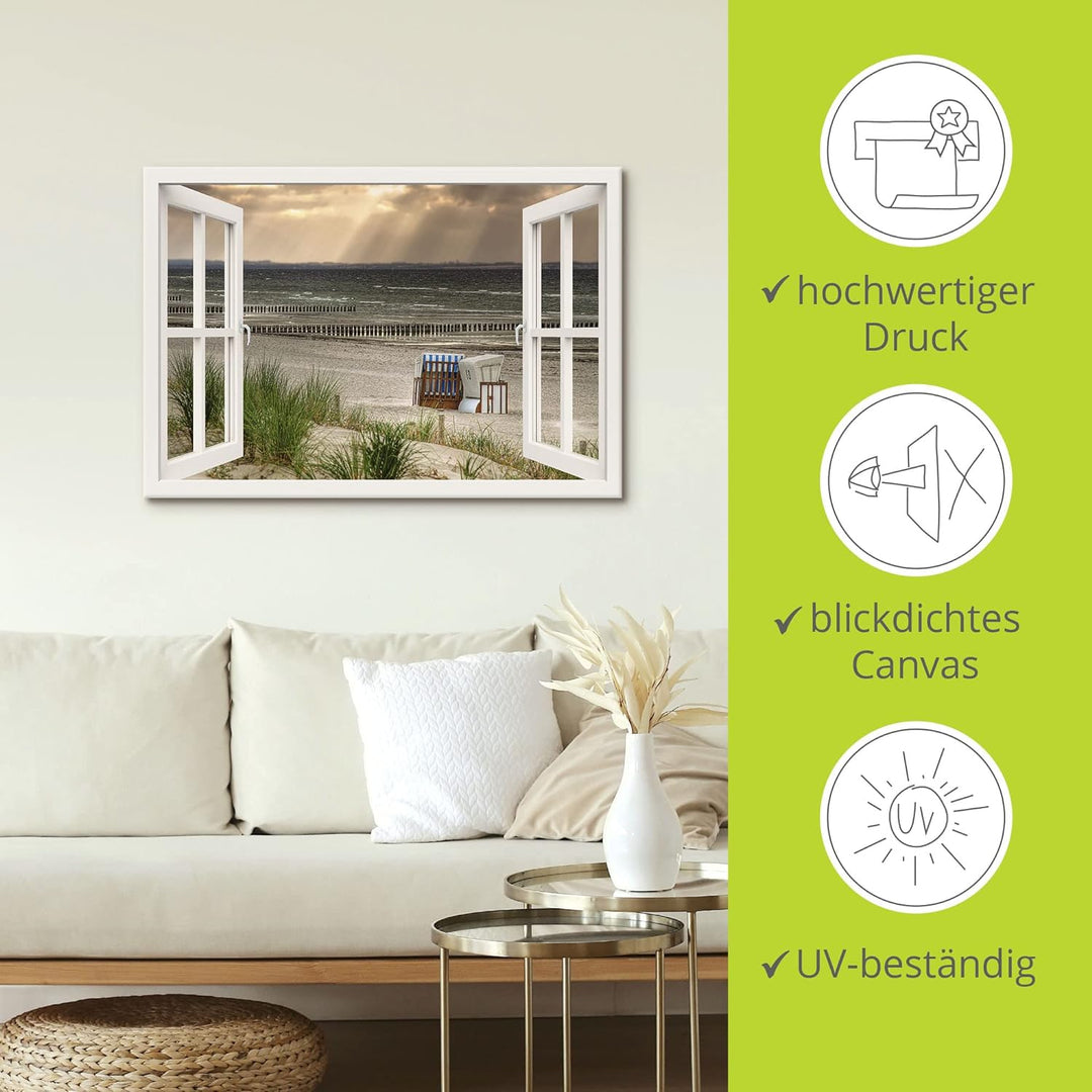 Artland Leinwandbild Wandbild Bild auf Leinwand 100x70 cm Wanddeko Fensterblick Fenster Strand Düne